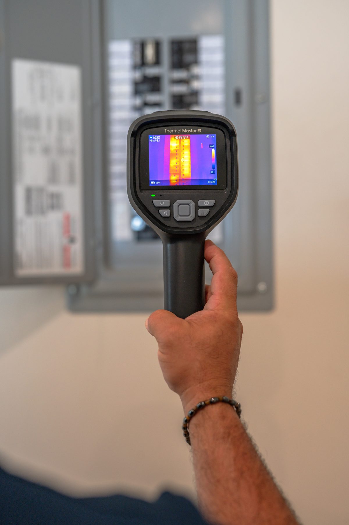 Thermal imaging camera showing heat signatures across breakers in an electrical panel